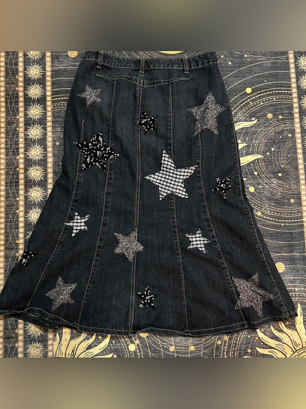 Black Denim A-Line Skirt with Celestial Star & Moon Appliqués - Picture 2 of 2